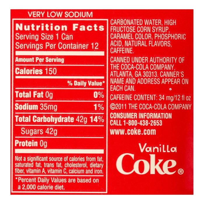 Nutrition facts label for coca cola