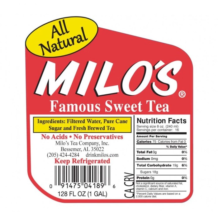 Milos sweet tea bottle nutrition facts